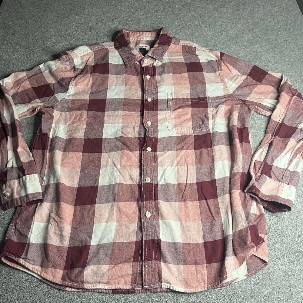 American Eagle Men's XL Plaid Flannel Button Up Shirt Burgundy Pink White B383